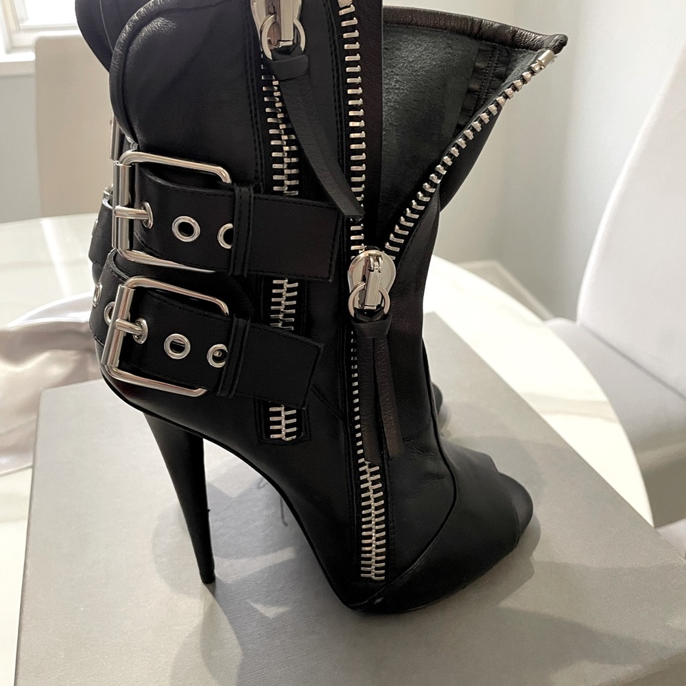 Giuseppe Zanotti Double-Buckle Biker Peep-Toe Bootie, Black